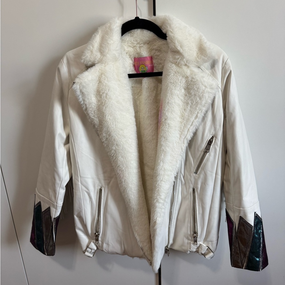 White Jacket with Faux Fur Lining and tassles, pink / blue / silver sparkly arms